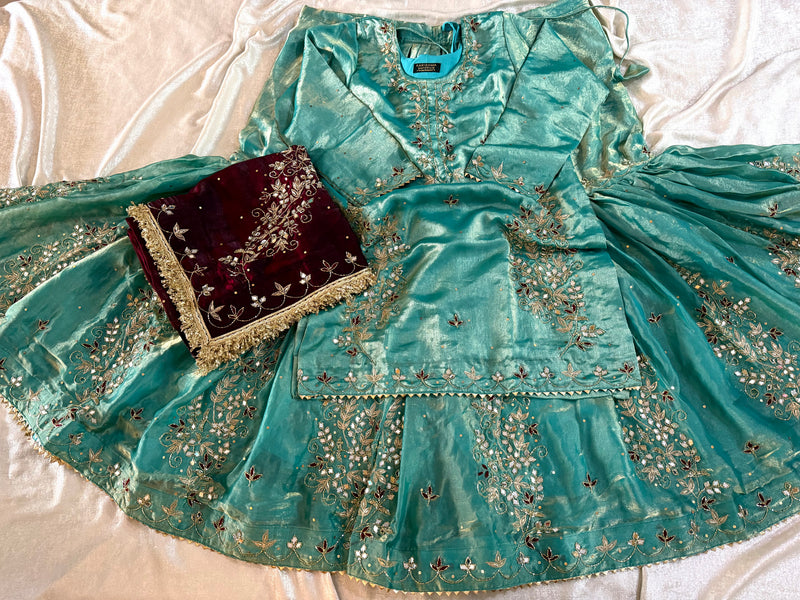 BEAUTIFUL HANDWORK GHARARA IN CONTRAST |  | Karishma Emporium | Elegance in Making Pure Zardozi Women wear