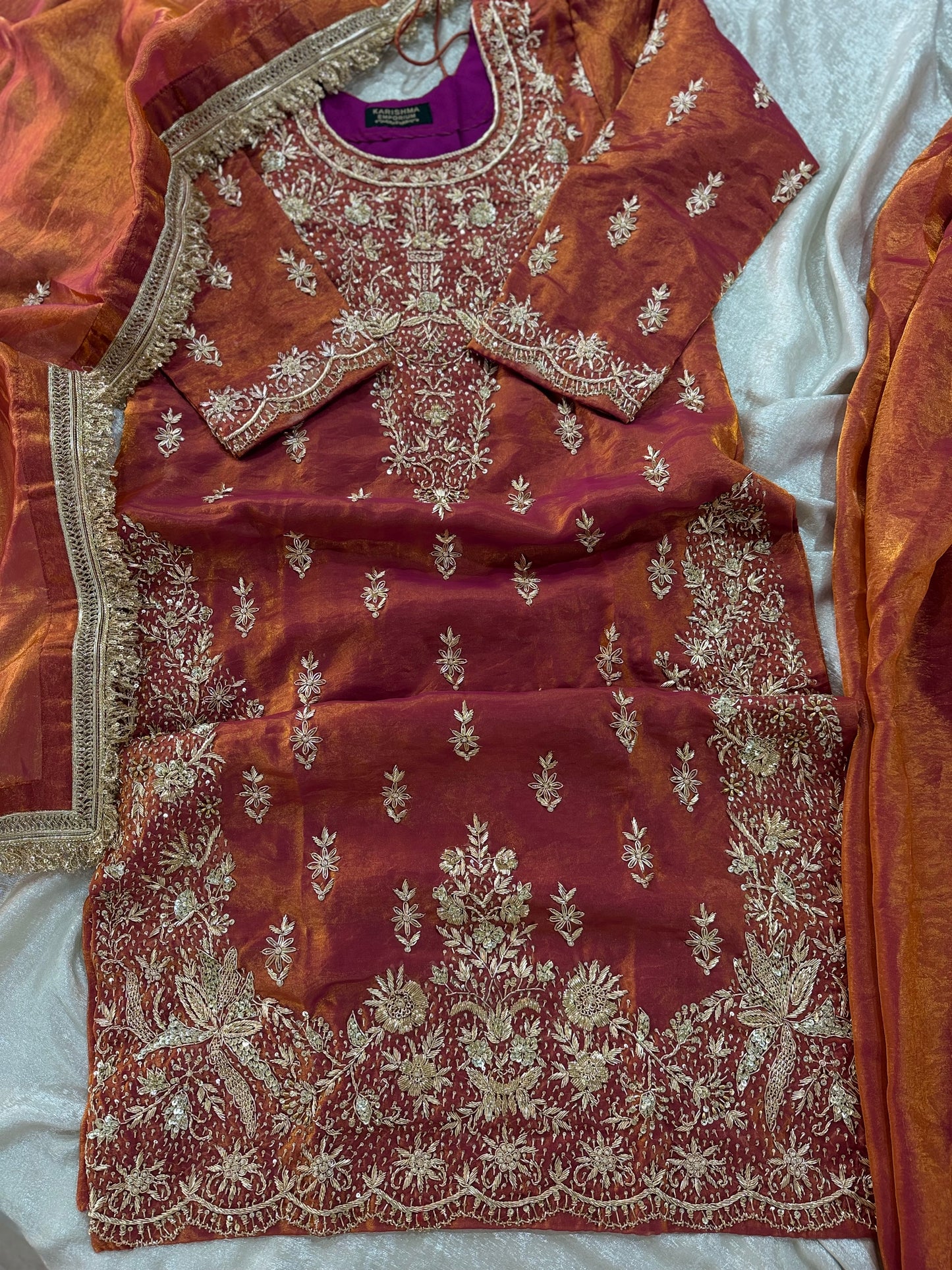 BEAUTIFUL RUST SHARARA IN ZARDOZI WORK