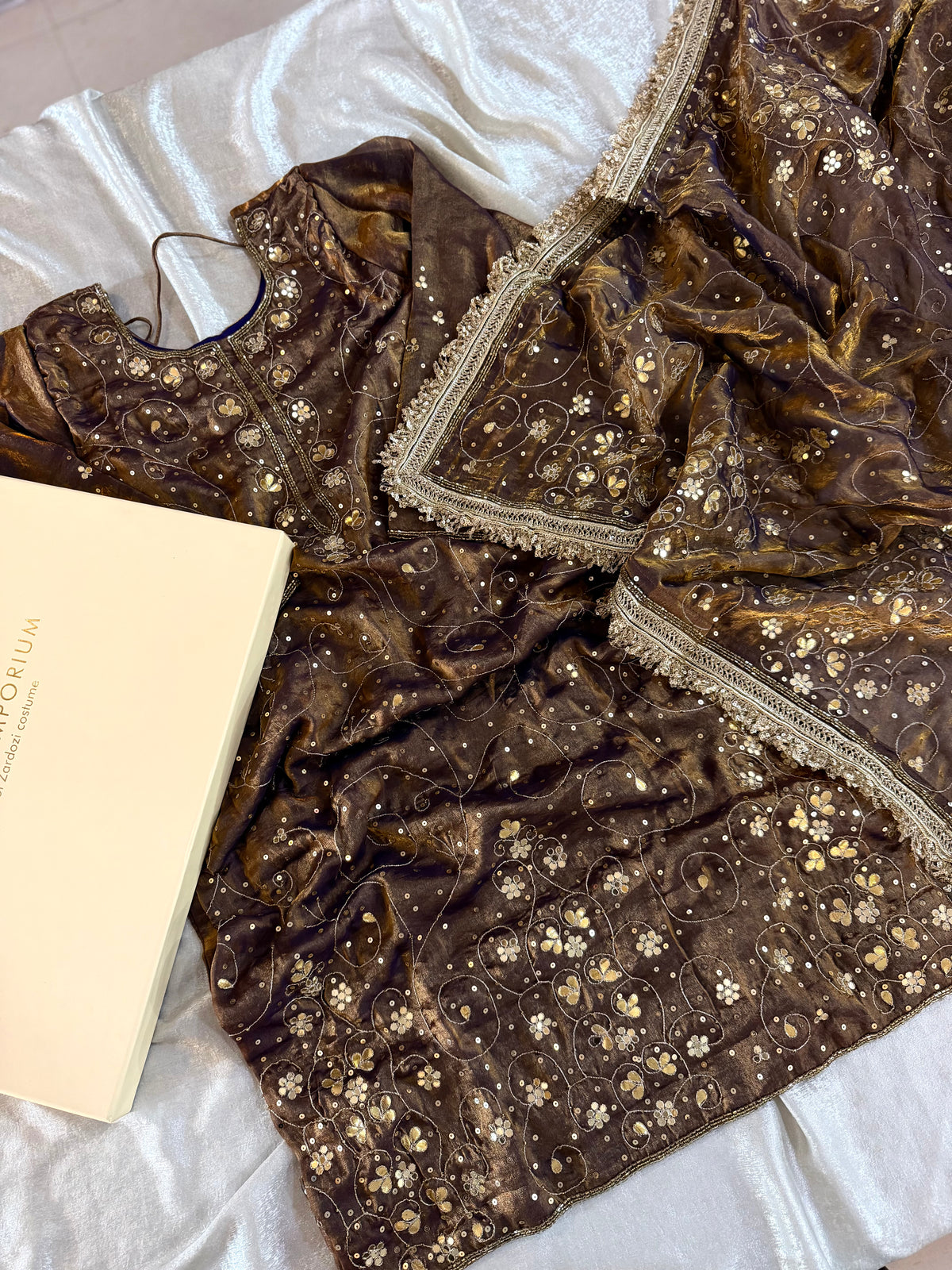 PURE HANDWORK DRESS IN GOLD BROWN COLOUR WITH SKIRT