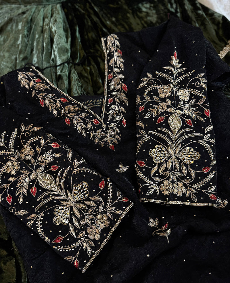 BEAUTIFUL HANDWORK IN BLACK WITH GERMAN VELVET GHARARA ND DUPATTA |  | Karishma Emporium | Elegance in Making Pure Zardozi Women wear