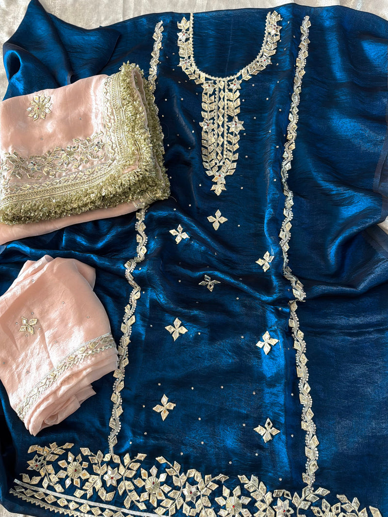 Gota Patti suit in contrast dupatta |  | Karishma Emporium | Elegance in Making Pure Zardozi Women wear