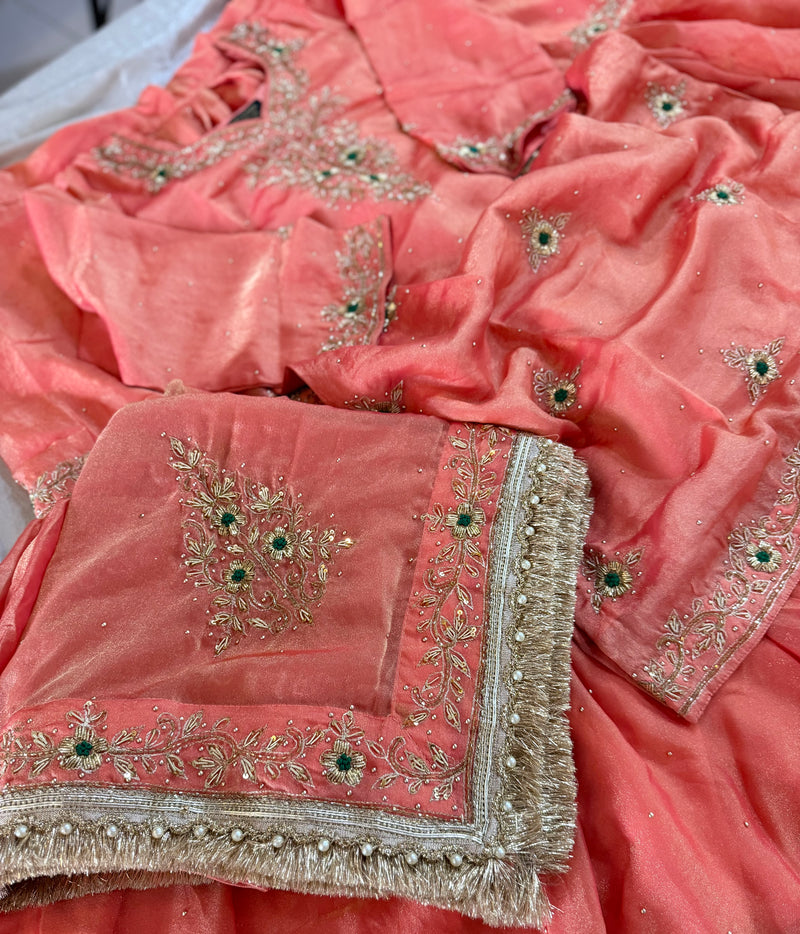 BEAUTIFUL HANDWORK GHARARA IN LIGHT ORANGE |  | Karishma Emporium | Elegance in Making Pure Zardozi Women wear