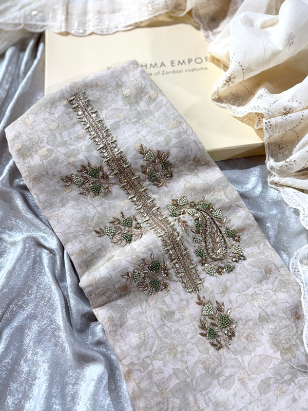 PARTYWEAR SUIT IN GERMAN LINEN FABRIC |  | Karishma Emporium | Elegance in Making Pure Zardozi Women wear