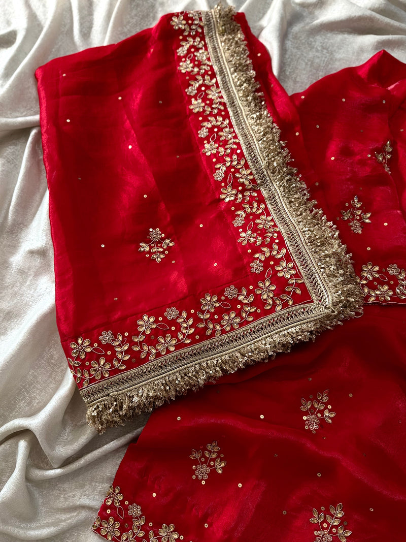 RED NIKAH GHARARA IN DABKA ND KUNDAN WORK ON ITALIAN SHIMAR |  | Karishma Emporium | Elegance in Making Pure Zardozi Women wear