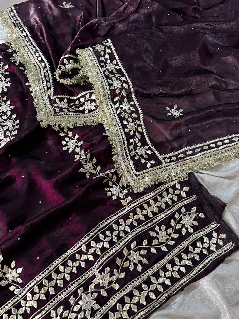 WINE GOTA PATTI SUIT |  | Karishma Emporium | Elegance in Making Pure Zardozi Women wear