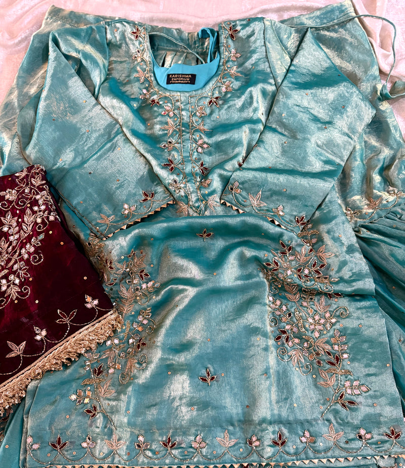 BEAUTIFUL HANDWORK GHARARA IN CONTRAST |  | Karishma Emporium | Elegance in Making Pure Zardozi Women wear