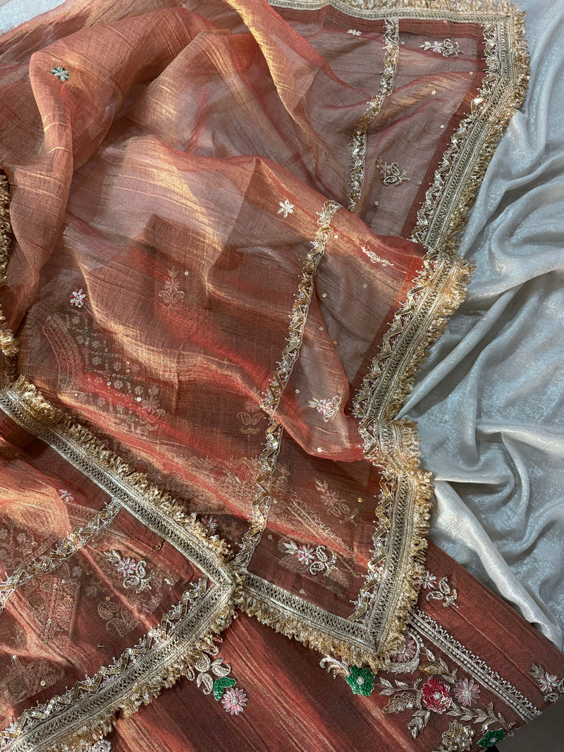 OUR PREMIUM ZARDOZI SHARARA ON CRUSH TISSUE FABRIC |  | Karishma Emporium | Elegance in Making Pure Zardozi Women wear