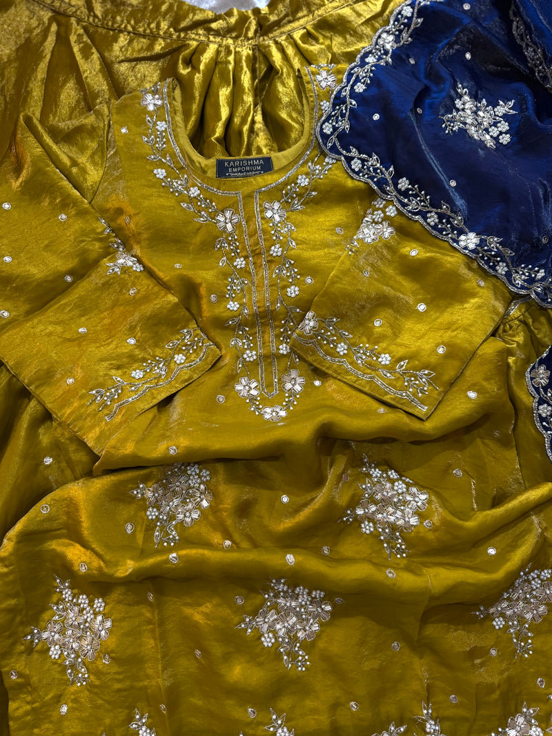 Beautiful dabka gharara in contrast dupatta |  | Karishma Emporium | Elegance in Making Pure Zardozi Women wear