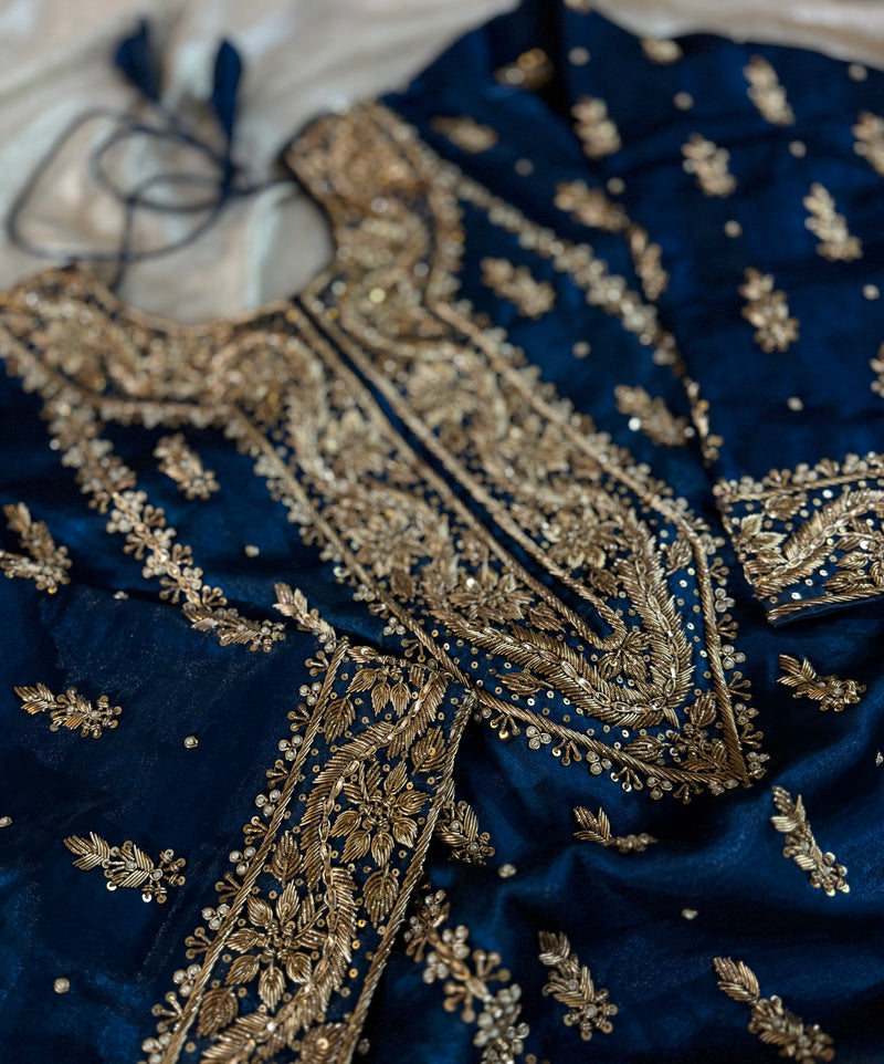 GOLD ZARDOZI GHARARA IN BLUE COLOUR ON ITALIAN SHIMAR FABRIC |  | Karishma Emporium | Elegance in Making Pure Zardozi Women wear
