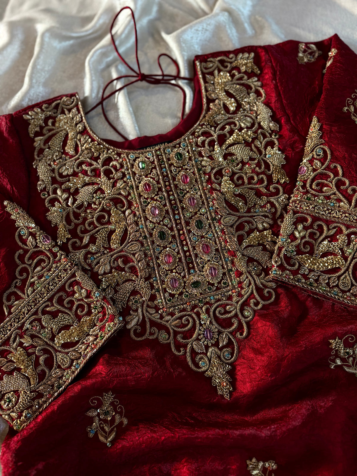 BEAUTIFUL ANTIQUE ZARDOZI GHARARA IN CRUSH SHIMAR FABRIC