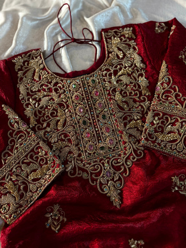 BEAUTIFUL ANTIQUE ZARDOZI GHARARA IN CRUSH SHIMAR FABRIC |  | Karishma Emporium | Elegance in Making Pure Zardozi Women wear