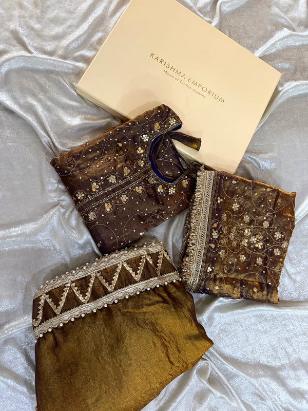 PURE HANDWORK DRESS IN GOLD BROWN COLOUR WITH SKIRT |  | Karishma Emporium | Elegance in Making Pure Zardozi Women wear