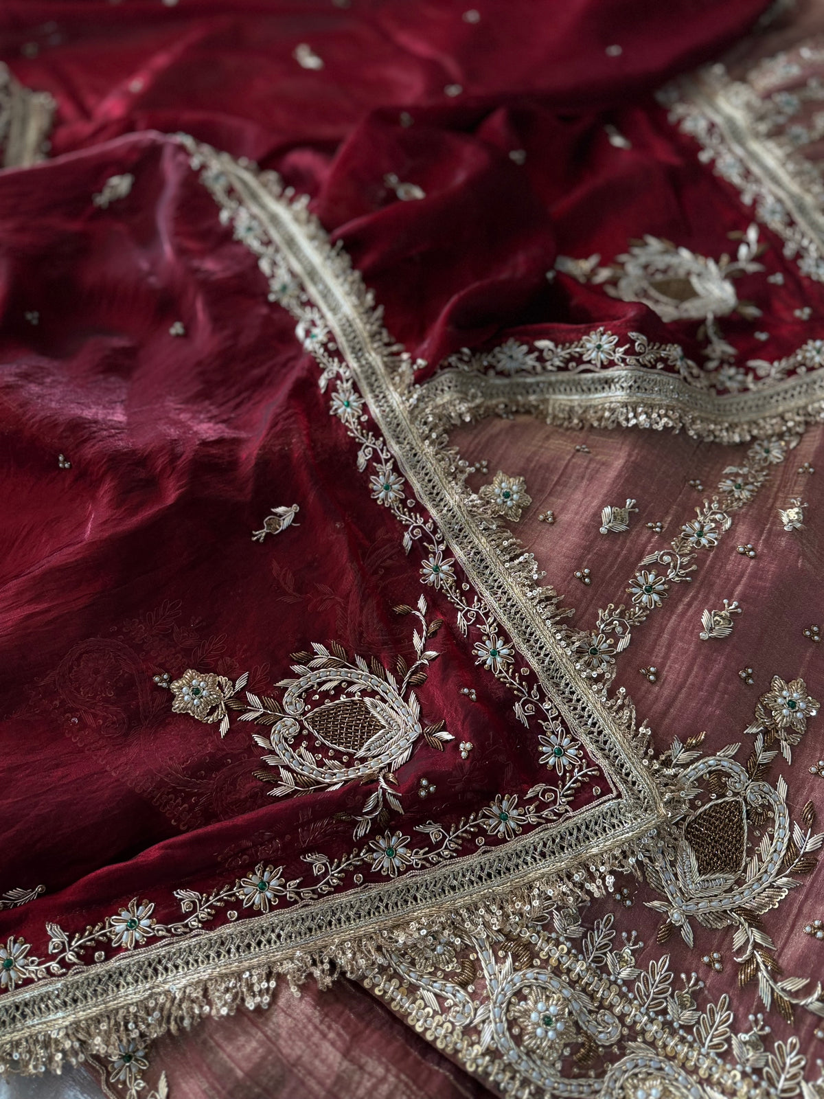 BEAUTIFUL ZARDOZI ANGRAKHA IN CRUSH TISSUE FABRIC WITH ITALIAN SHIMAR DUPATTA