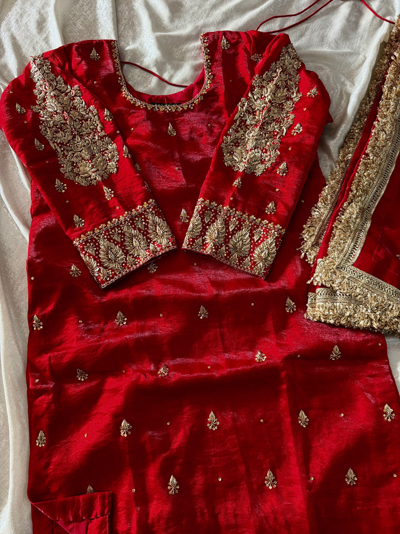 ANTIQUE ZARDOZI GHARARA IN CHERRY COLOUR (BEST DEAL TODAY) |  | Karishma Emporium | Elegance in Making Pure Zardozi Women wear