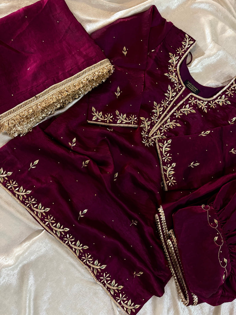 Beautiful dabka gharara in wine colour |  | Karishma Emporium | Elegance in Making Pure Zardozi Women wear