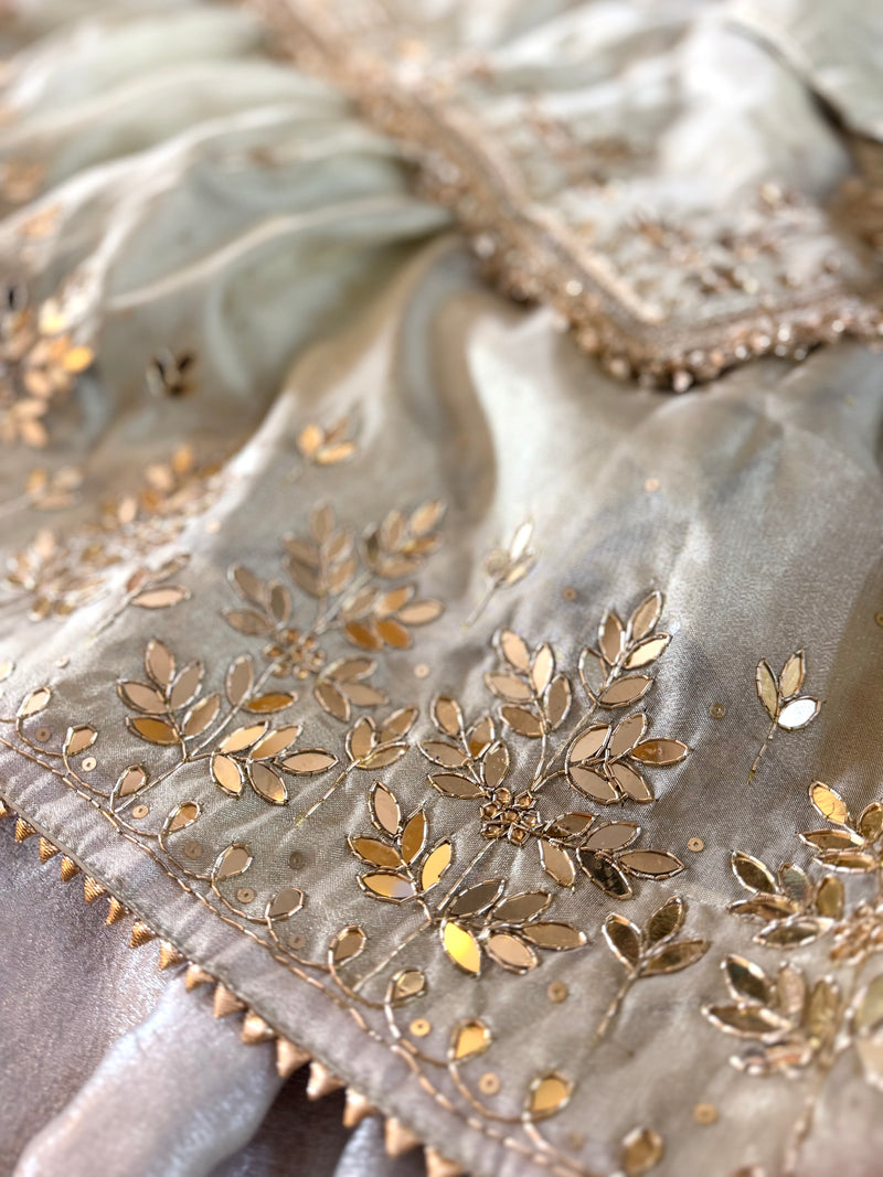 BEAUTIFUL HANDWORK GHARARA IN IVORY PISTA COLOUR |  | Karishma Emporium | Elegance in Making Pure Zardozi Women wear