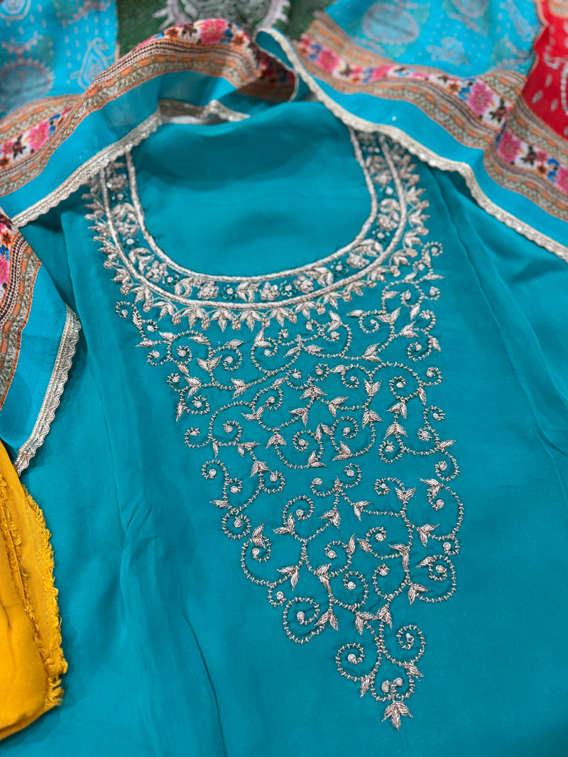 BEAUTIFUL ZARDOZI NECK PUNJABI SUIT |  | Karishma Emporium | Elegance in Making Pure Zardozi Women wear