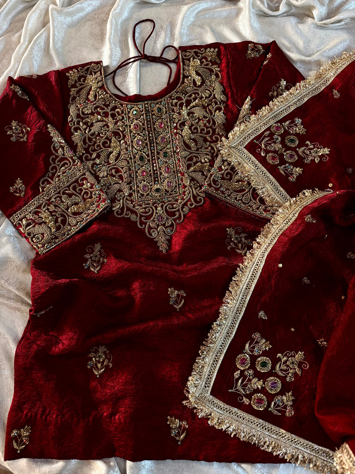 BEAUTIFUL ANTIQUE ZARDOZI GHARARA IN CRUSH SHIMAR FABRIC