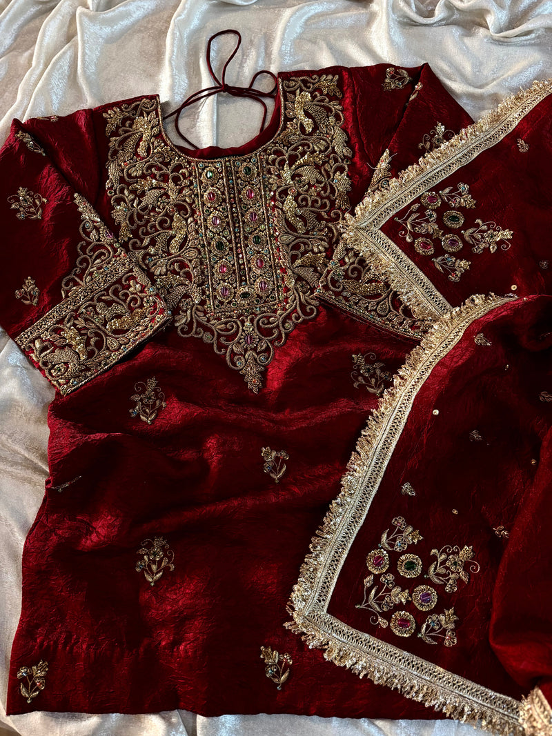 BEAUTIFUL ANTIQUE ZARDOZI GHARARA IN CRUSH SHIMAR FABRIC |  | Karishma Emporium | Elegance in Making Pure Zardozi Women wear