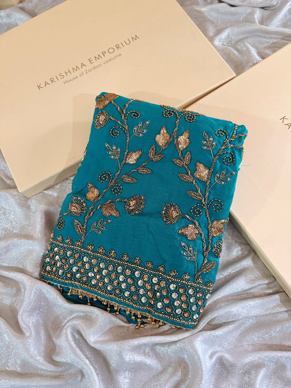 BEAUTIFUL RAMA COLOUR WITH ANTIQUE WORK |  | Karishma Emporium | Elegance in Making Pure Zardozi Women wear