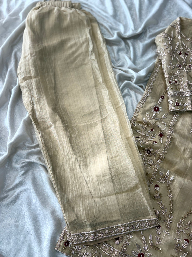 BEAUTIFUL ZARZOZI KURTA PANT SET IN CRUSH GOLD COLOUR |  | Karishma Emporium | Elegance in Making Pure Zardozi Women wear