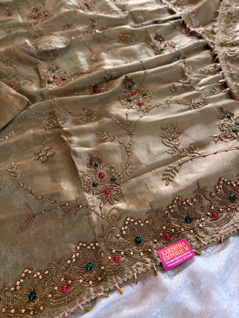BEAUTIFUL GOLD COLOUR ANTIQUE SUIT |  | Karishma Emporium | Elegance in Making Pure Zardozi Women wear