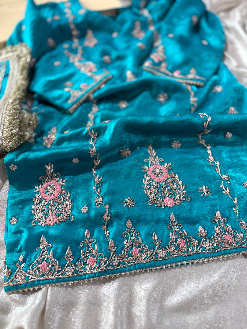 KHUBSURAT FEROZI GHARARA IN PURE DABKA WORK |  | Karishma Emporium | Elegance in Making Pure Zardozi Women wear