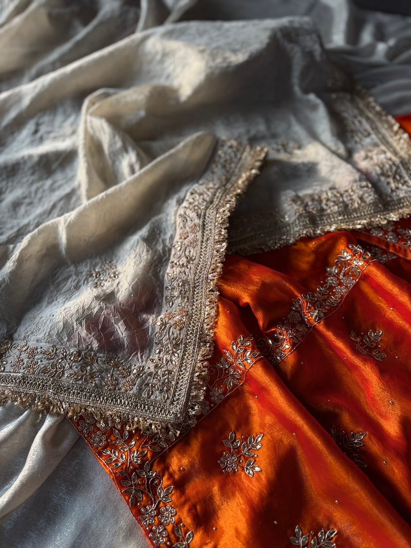 ORANGA DABKA WORK GHARARA |  | Karishma Emporium | Elegance in Making Pure Zardozi Women wear