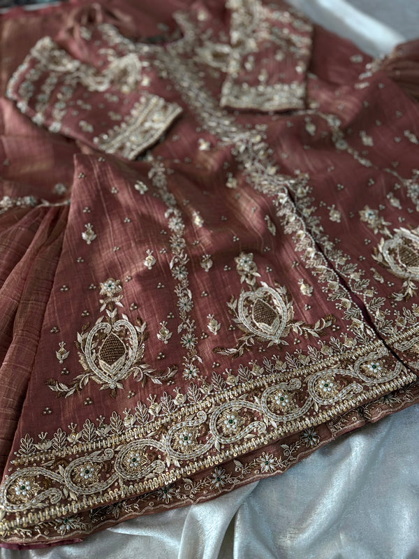 BEAUTIFUL ZARDOZI ANGRAKHA IN CRUSH TISSUE FABRIC WITH ITALIAN SHIMAR DUPATTA |  | Karishma Emporium | Elegance in Making Pure Zardozi Women wear