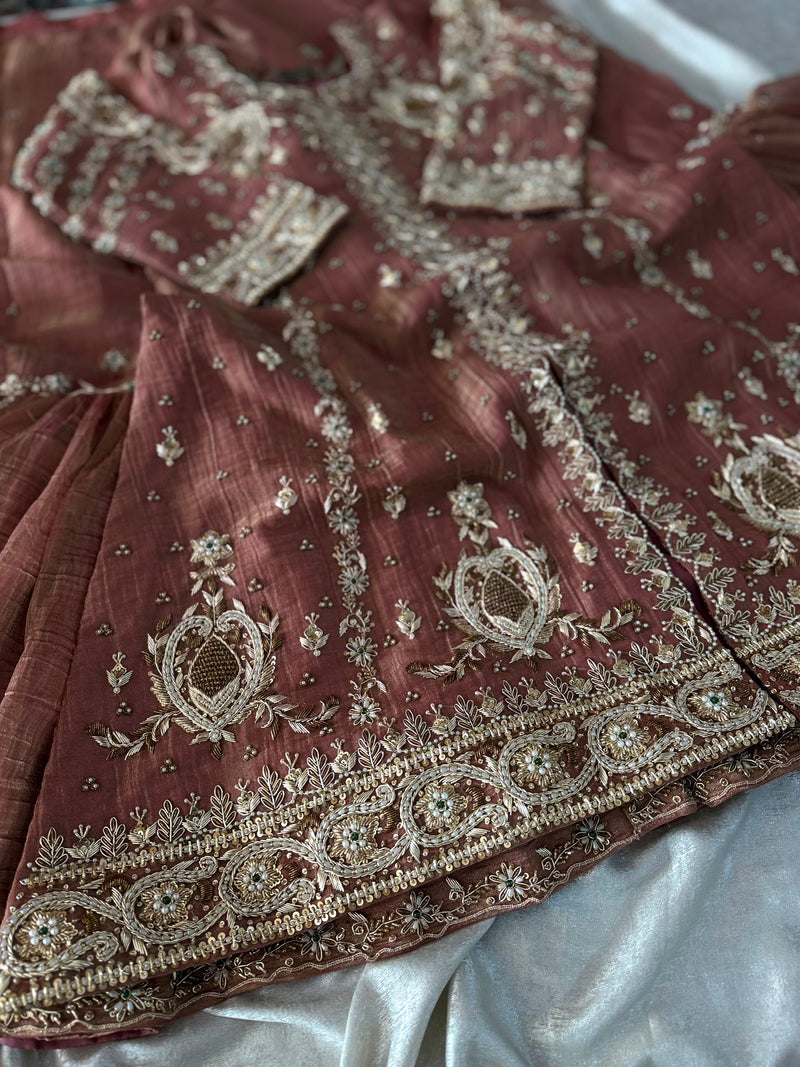 BEAUTIFUL ZARDOZI ANGRAKHA IN CRUSH TISSUE FABRIC WITH ITALIAN SHIMAR DUPATTA |  | Karishma Emporium | Elegance in Making Pure Zardozi Women wear