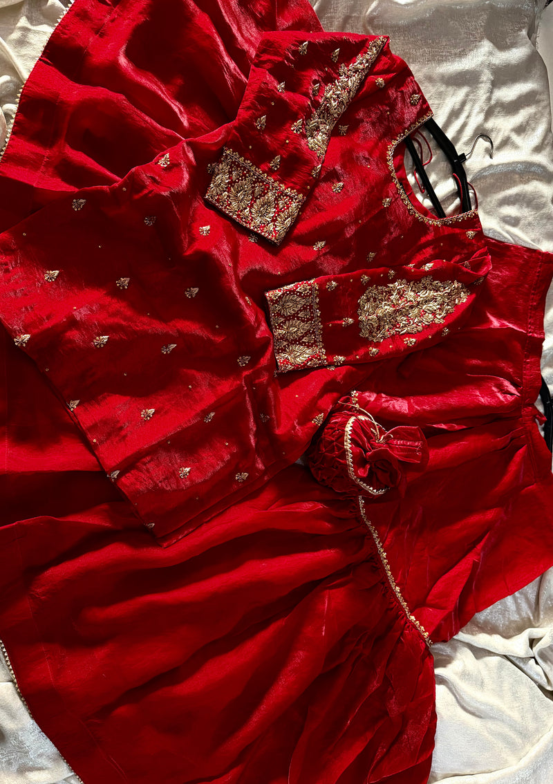 ANTIQUE ZARDOZI GHARARA IN CHERRY COLOUR (BEST DEAL TODAY) |  | Karishma Emporium | Elegance in Making Pure Zardozi Women wear