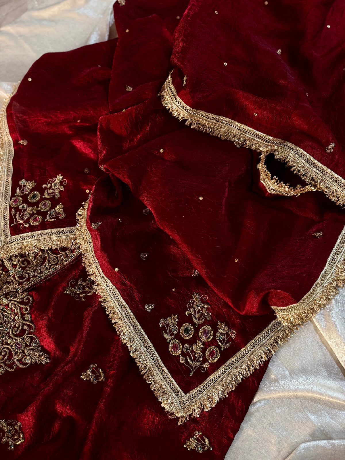 BEAUTIFUL ANTIQUE ZARDOZI GHARARA IN CRUSH SHIMAR FABRIC