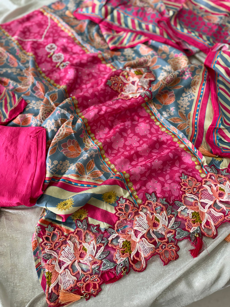 Magenta pink suit on Musline fabric |  | Karishma Emporium | Elegance in Making Pure Zardozi Women wear