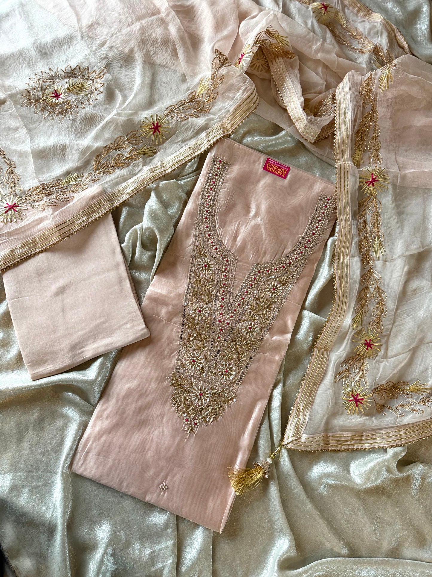 PURE ZARDOZI NECK SUIT WITH PURE GOTA DUPATTA