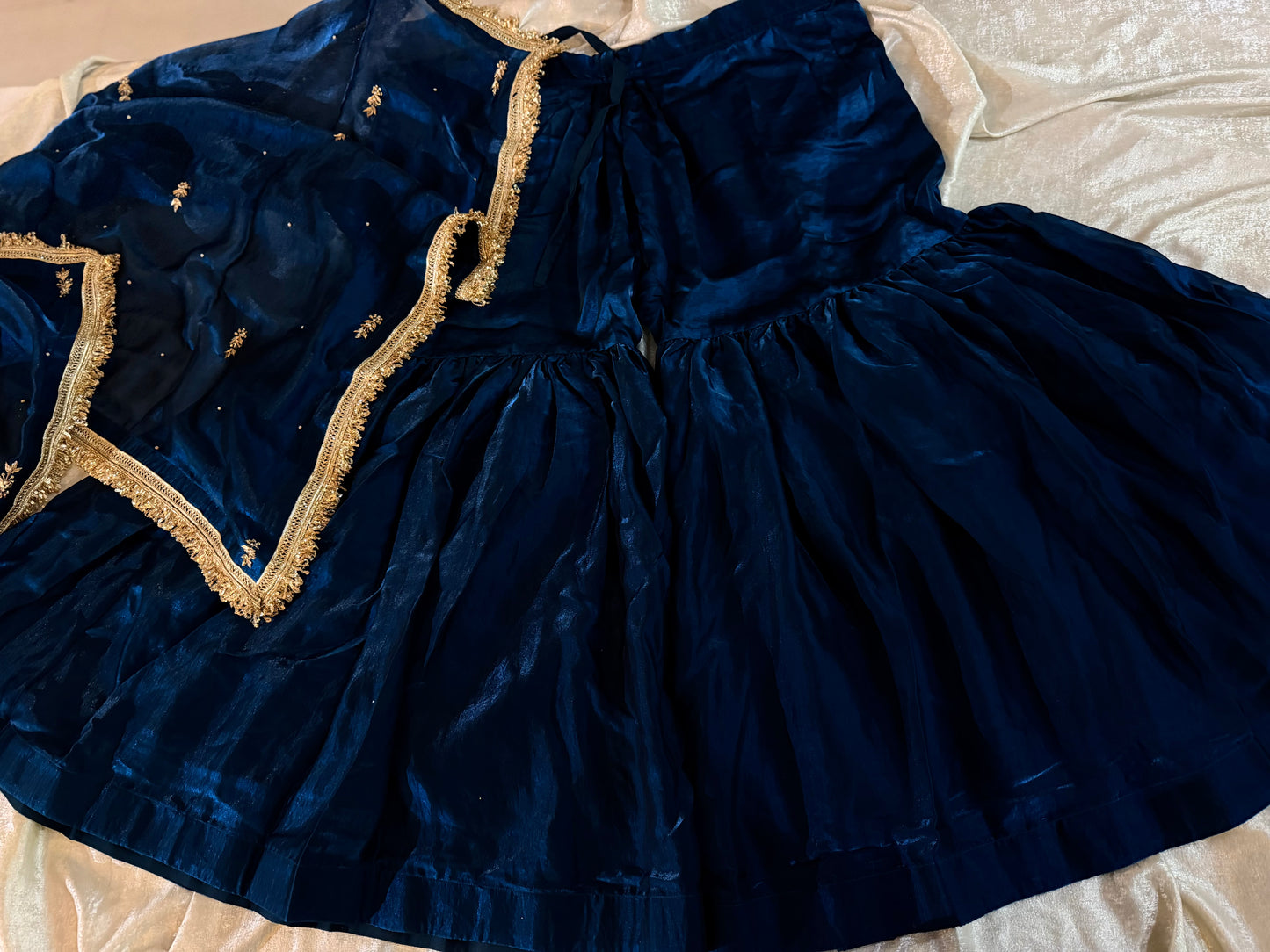 GOLD ZARDOZI GHARARA IN BLUE COLOUR ON ITALIAN SHIMAR FABRIC