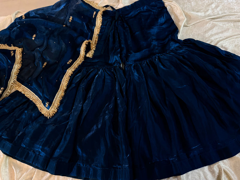 GOLD ZARDOZI GHARARA IN BLUE COLOUR ON ITALIAN SHIMAR FABRIC |  | Karishma Emporium | Elegance in Making Pure Zardozi Women wear