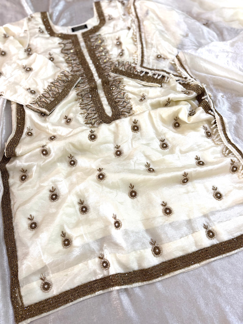 BEAUTIFUL HANDWORK OFF WHITE SHARARA SET |  | Karishma Emporium | Elegance in Making Pure Zardozi Women wear