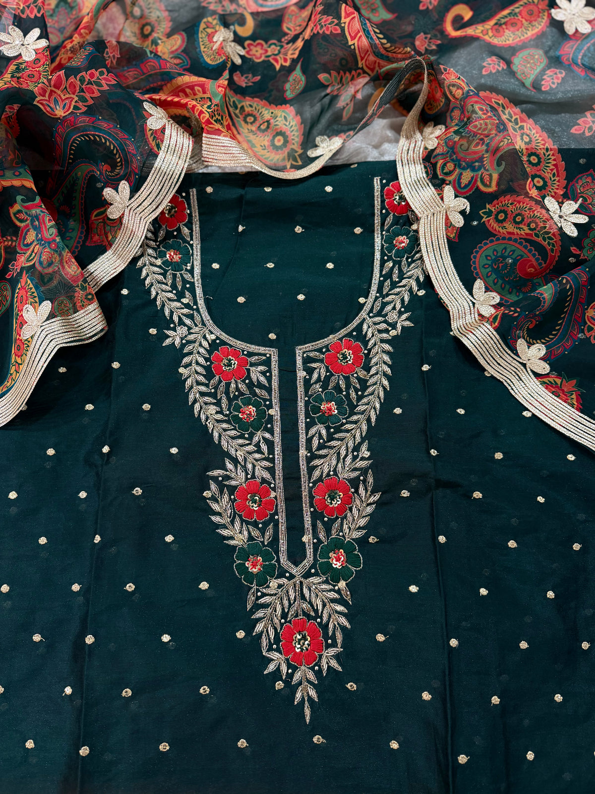 BOTTLE GREEN ZARDOZI NECK SUIT
