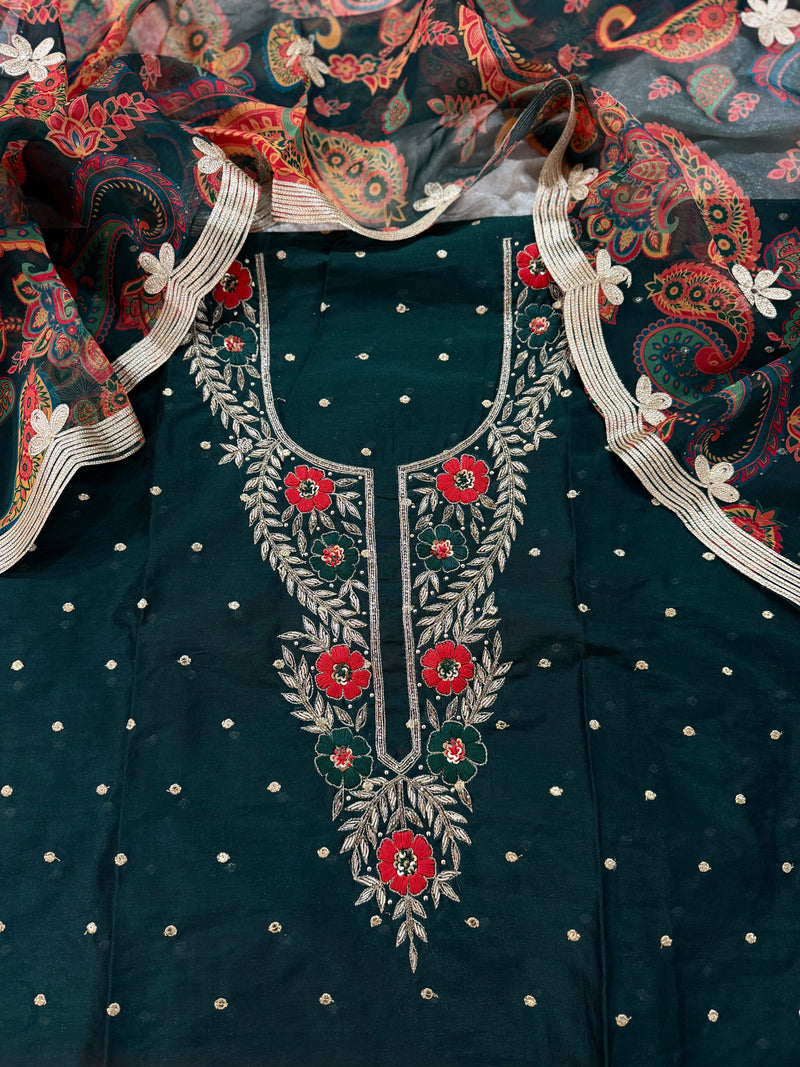 BOTTLE GREEN ZARDOZI NECK SUIT |  | Karishma Emporium | Elegance in Making Pure Zardozi Women wear
