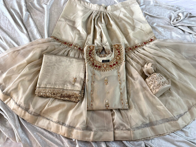 ANTIQUE ZARDOZI GHARARA IN GOLD |  | Karishma Emporium | Elegance in Making Pure Zardozi Women wear
