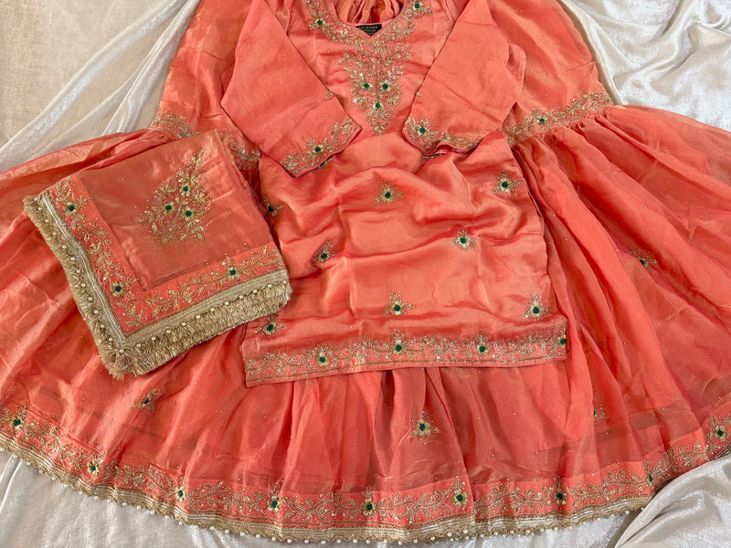 BEAUTIFUL HANDWORK GHARARA IN LIGHT ORANGE |  | Karishma Emporium | Elegance in Making Pure Zardozi Women wear