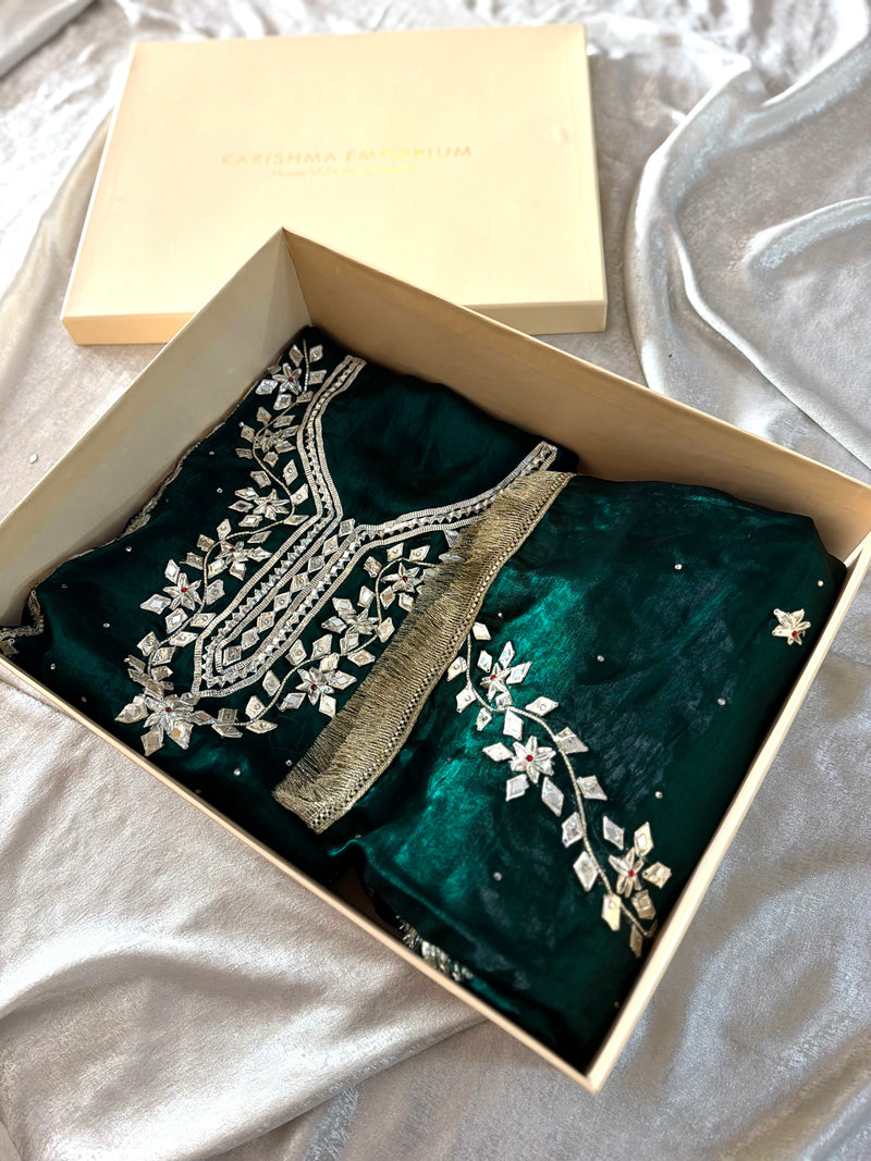 GREEN GOTA PATTI SUIT |  | Karishma Emporium | Elegance in Making Pure Zardozi Women wear