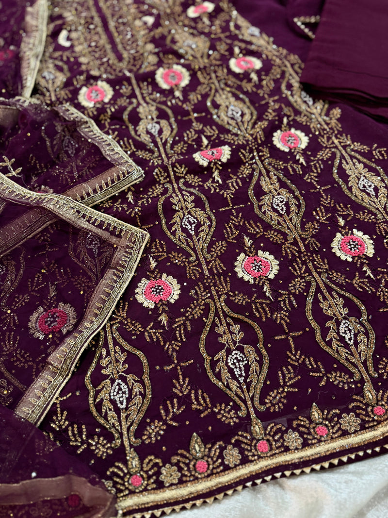WINE COLOUR JERKEN WORK SUIT ON PURE GEORGETTE |  | Karishma Emporium | Elegance in Making Pure Zardozi Women wear
