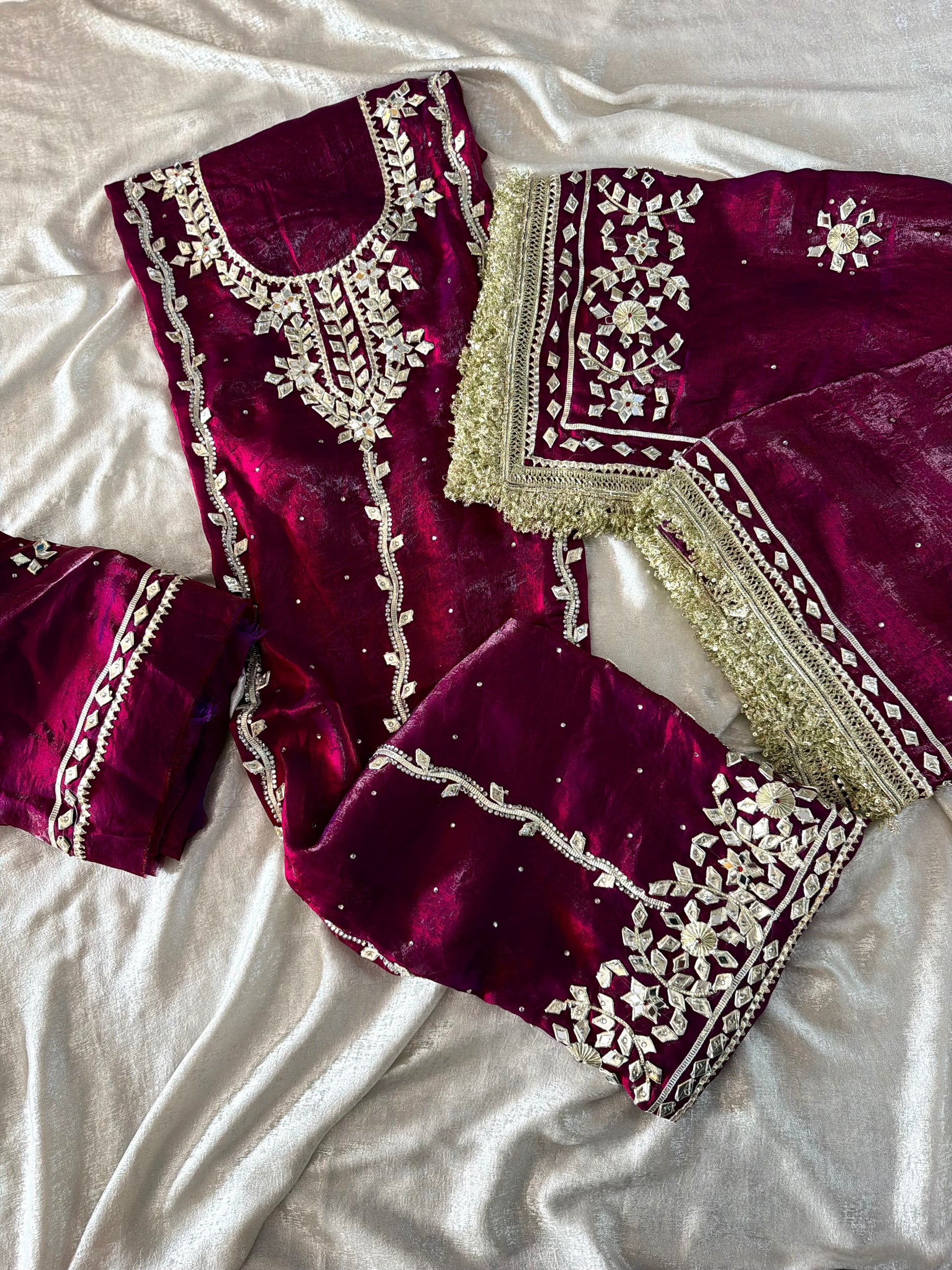 Wine colour gota suit |  | Karishma Emporium | Elegance in Making Pure Zardozi Women wear