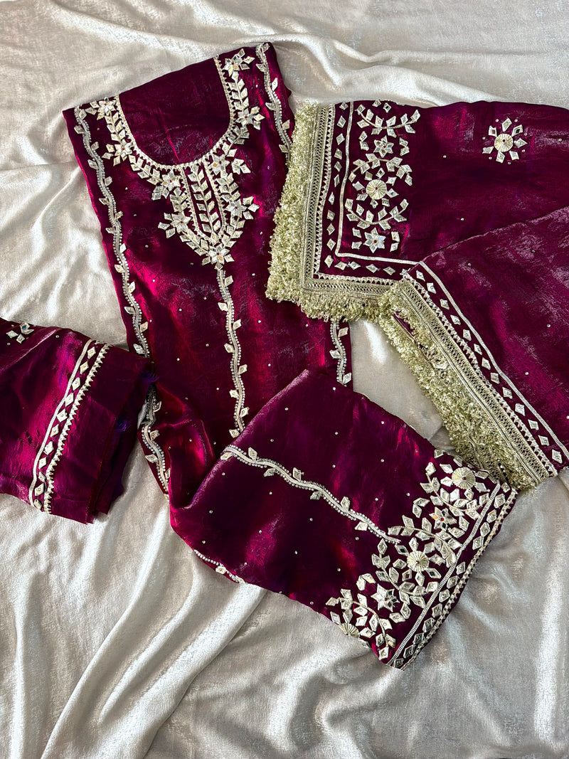 Wine colour gota suit |  | Karishma Emporium | Elegance in Making Pure Zardozi Women wear