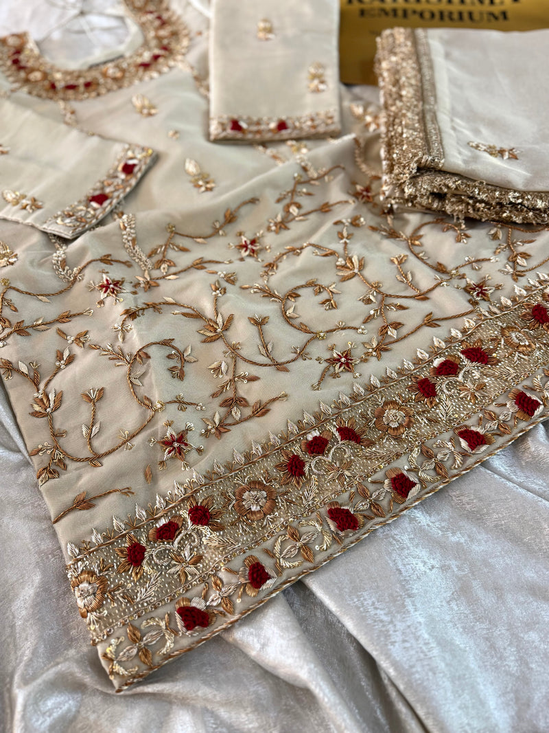 ANTIQUE ZARDOZI GHARARA IN GOLD |  | Karishma Emporium | Elegance in Making Pure Zardozi Women wear