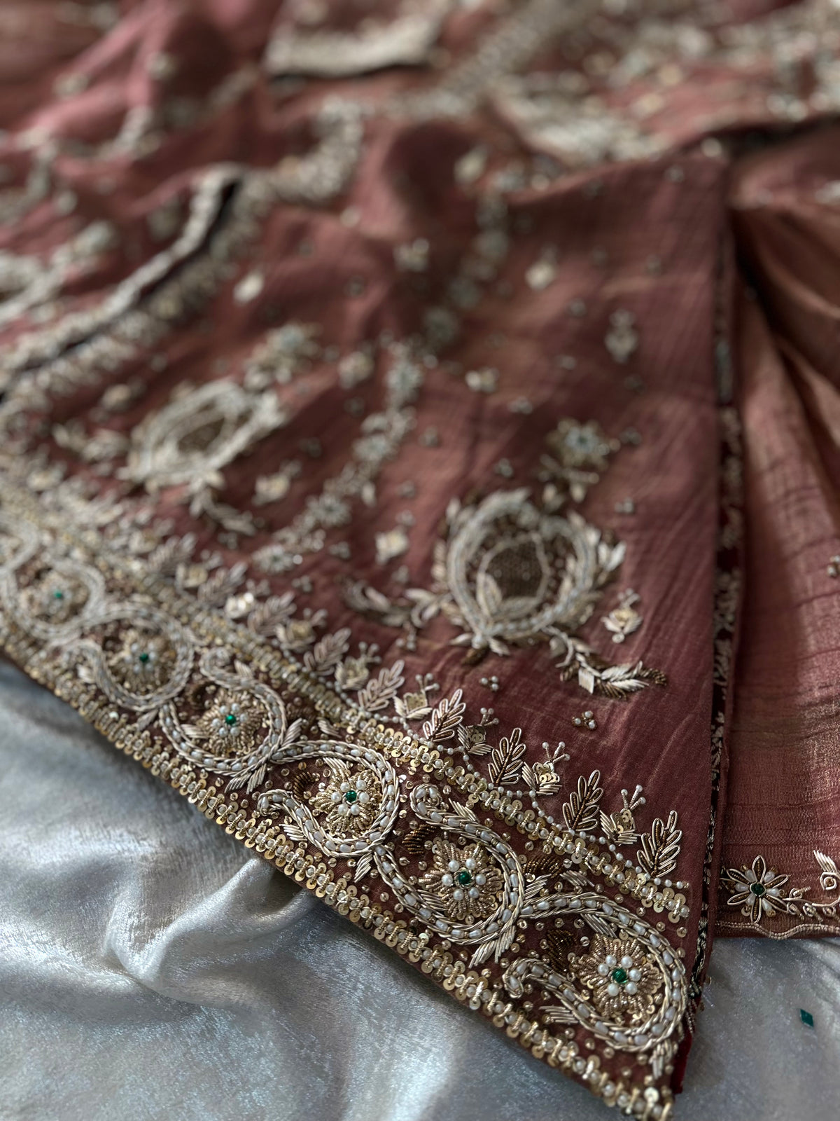 BEAUTIFUL ZARDOZI ANGRAKHA IN CRUSH TISSUE FABRIC WITH ITALIAN SHIMAR DUPATTA