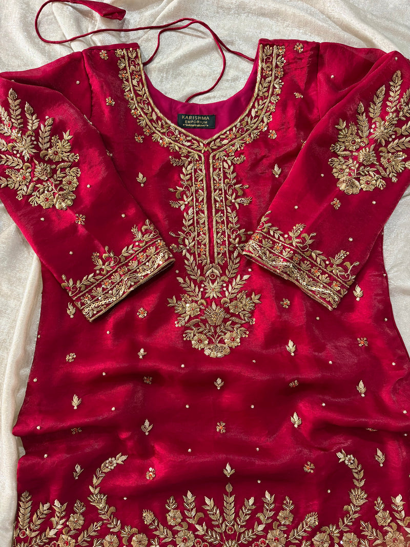 (BRIDAL RANI NIKAH GHARARA) PREMIUM ZARDOZI WORK ITALIAN SHIMAR FABRIC |  | Karishma Emporium | Elegance in Making Pure Zardozi Women wear
