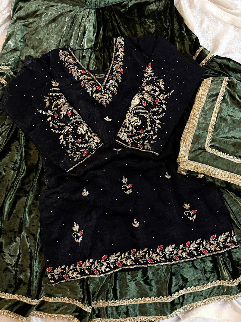 BEAUTIFUL HANDWORK IN BLACK WITH GERMAN VELVET GHARARA ND DUPATTA |  | Karishma Emporium | Elegance in Making Pure Zardozi Women wear
