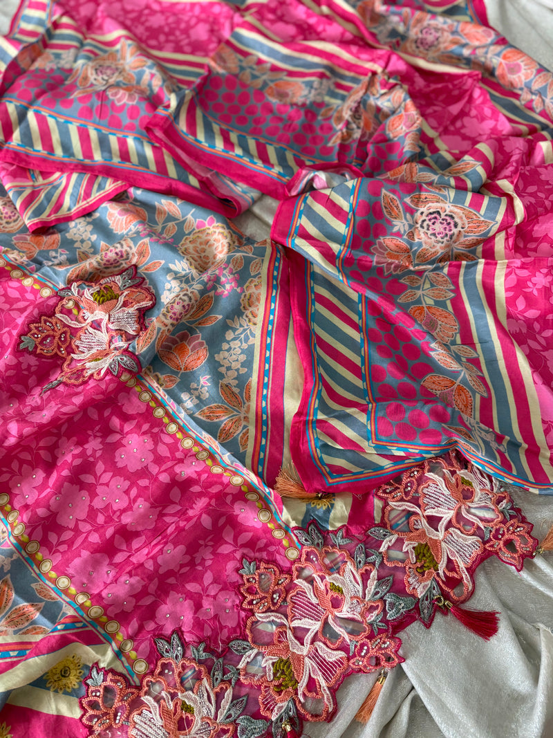 Magenta pink suit on Musline fabric |  | Karishma Emporium | Elegance in Making Pure Zardozi Women wear